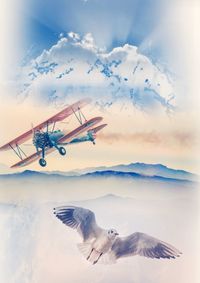 Digital composite image of birds flying in sky