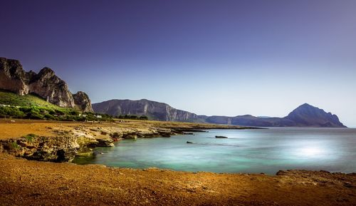 Scenic view of sea against clear blue sky