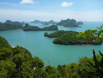 High angle view of bay against sky