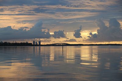 Reflection of clouds in sea at sunset