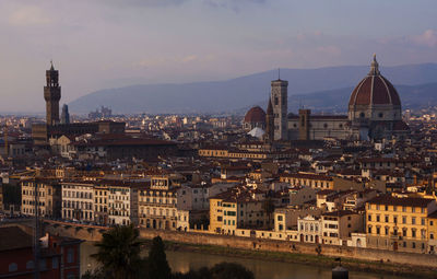 High angle view of city at sunset