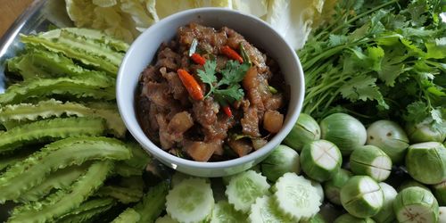 High angle view of vegetables in bowl on table