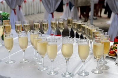 Close-up of wine glasses on table