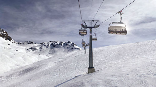 Low angle view of snow covered mountain against sky