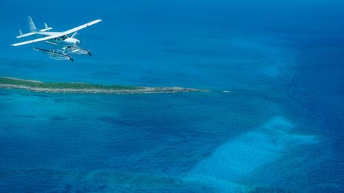 Airplane flying over sea against blue sky