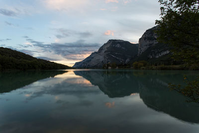 Scenic view of lake by mountains against sky