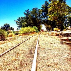 Railroad track against clear sky