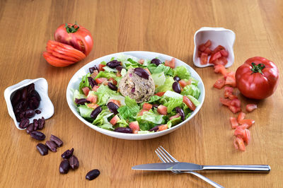 High angle view of vegetables in bowl on table