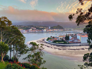 High angle view of river and townscape against sky