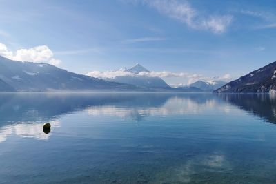 Scenic view of lake by mountains against sky