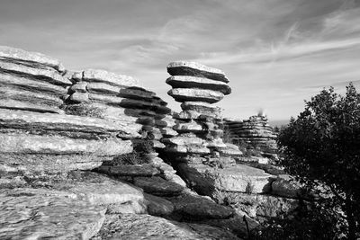 Low angle view of rocks against sky