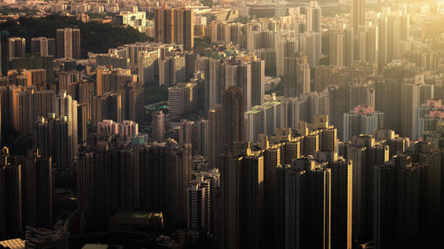 High angle view of modern buildings in city