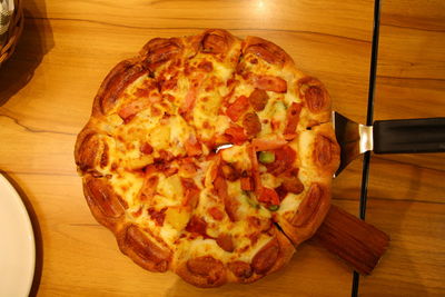 High angle view of pizza on table