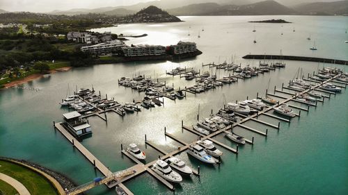 High angle view of boats in harbor