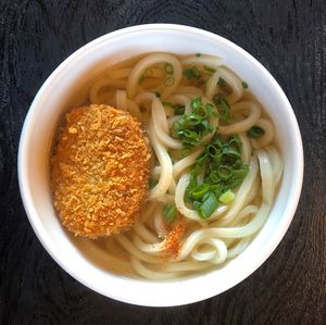 High angle view of food in bowl on table