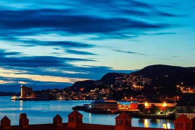 Illuminated city at waterfront during sunset
