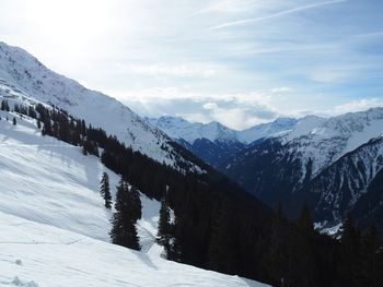 Scenic view of snowcapped mountains against sky