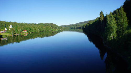 Scenic view of lake against clear blue sky