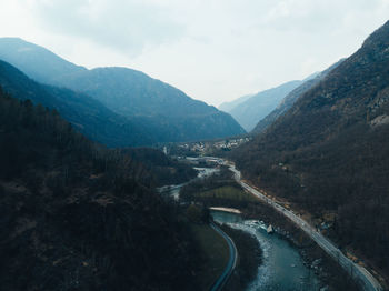 Scenic view of river amidst mountains against sky