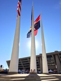 Low angle view of flag flags against clear sky