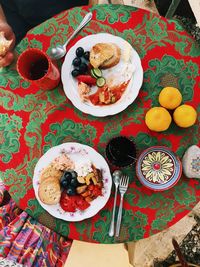 High angle view of breakfast served on table