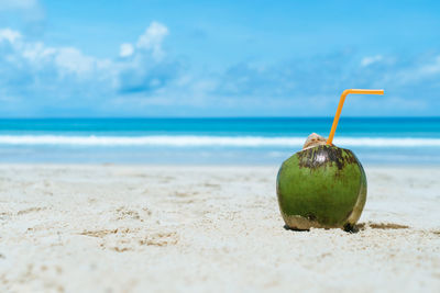 Close-up of lemon on beach