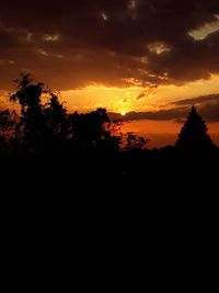 Silhouette trees against dramatic sky during sunset