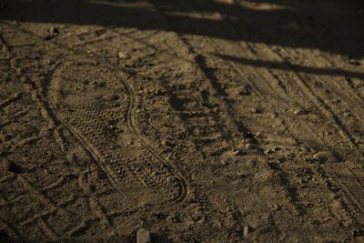 High angle view of tire tracks on sand