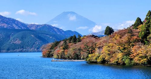Scenic view of lake and mountains against sky