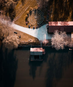 Directly above shot of park by lake