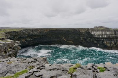 Scenic view of waves hitting the cliffs of aran islands in ireland 