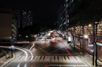Traffic light trails on city street at night