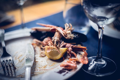High angle view of fruits in glass on table