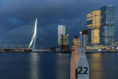 Bridge over river with buildings in background