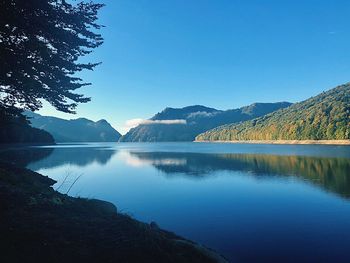 Scenic view of lake and mountains against clear blue sky