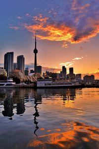 City buildings at waterfront during sunset