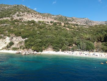 Scenic view of sea against clear blue sky