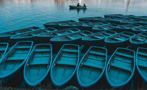 High angle view of boats moored in sea