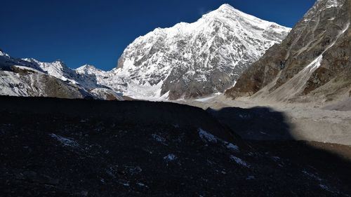 Scenic view of snowcapped mountains against clear sky