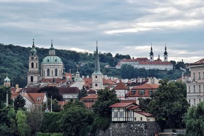 High angle shot of townscape against sky