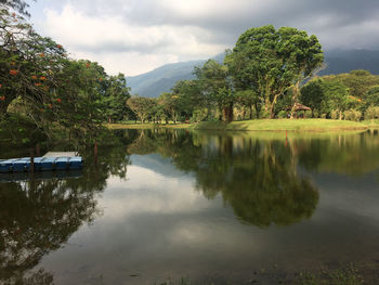 Scenic view of lake by trees against sky