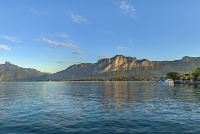 View of mondsee lake from mondsee town, austria