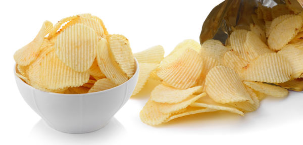 Close-up of bread in bowl against white background