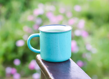 Hot herbal tea in teacup outdoors