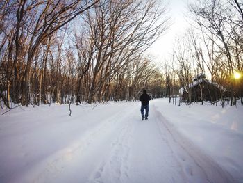 Rear view of person walking on snow covered landscape