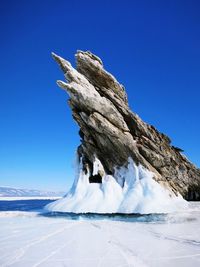 Scenic view of snowcapped landscape against clear blue sky