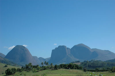 Scenic view of mountains against clear blue sky