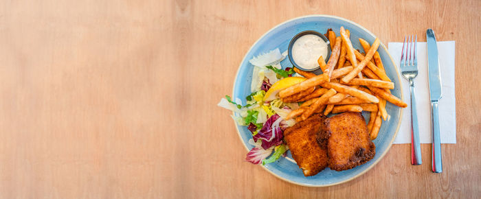 High angle view of food in plate on table