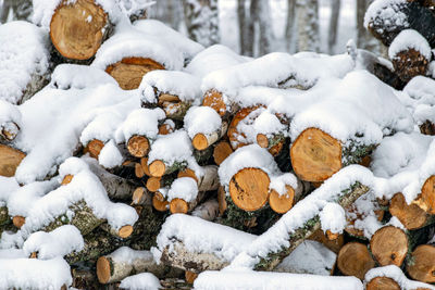 Firewood logs prepared for removal from the forest, foggy and grainy snow fall background, winter
