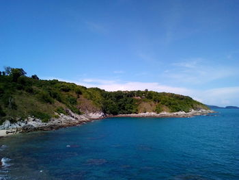 Scenic view of sea against blue sky